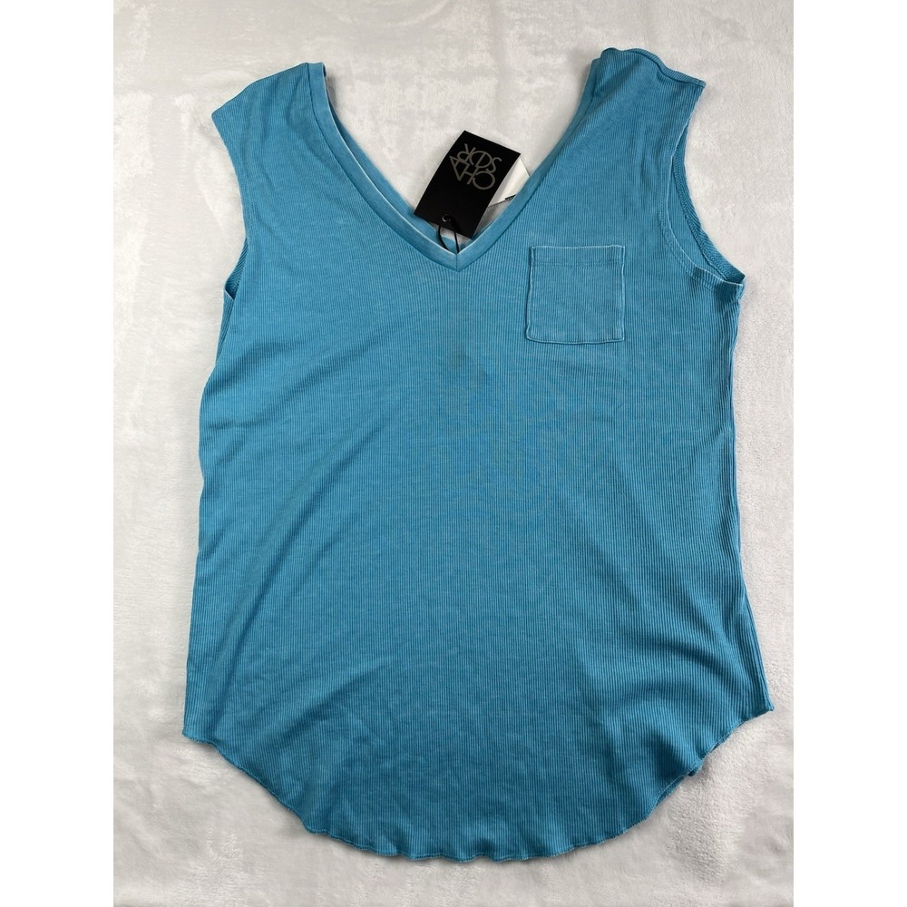 NWT Chaser Womens L Tank Top Aqua Blue V neck Pocket Ribbed